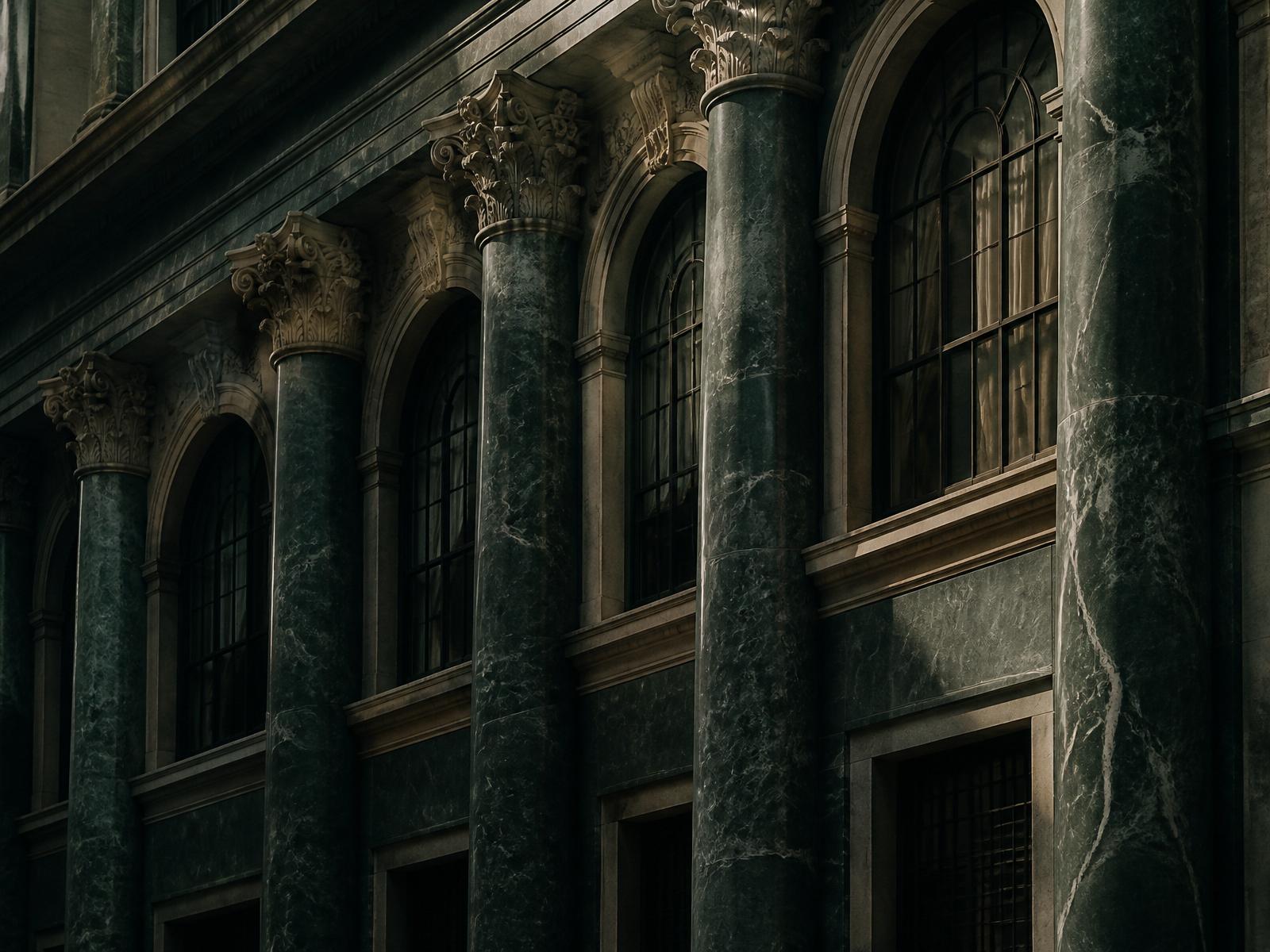 Classic financial facade in dark green marble